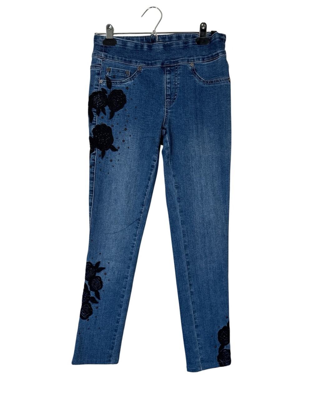 Joseph Ribkoff Blue Floral Embroidered Skinny Jeans Womens 6 Boho Casual